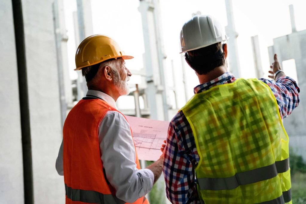 Director de obra explicando las reformas a realizar a un arquitecto, ambos usando protección obligatoria para obras.