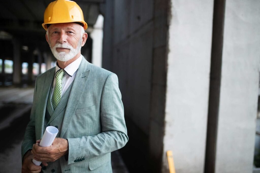 Hombre arquitecto usando su casco amarillo de protección posando para retrato en el ambiente de una reforma.
